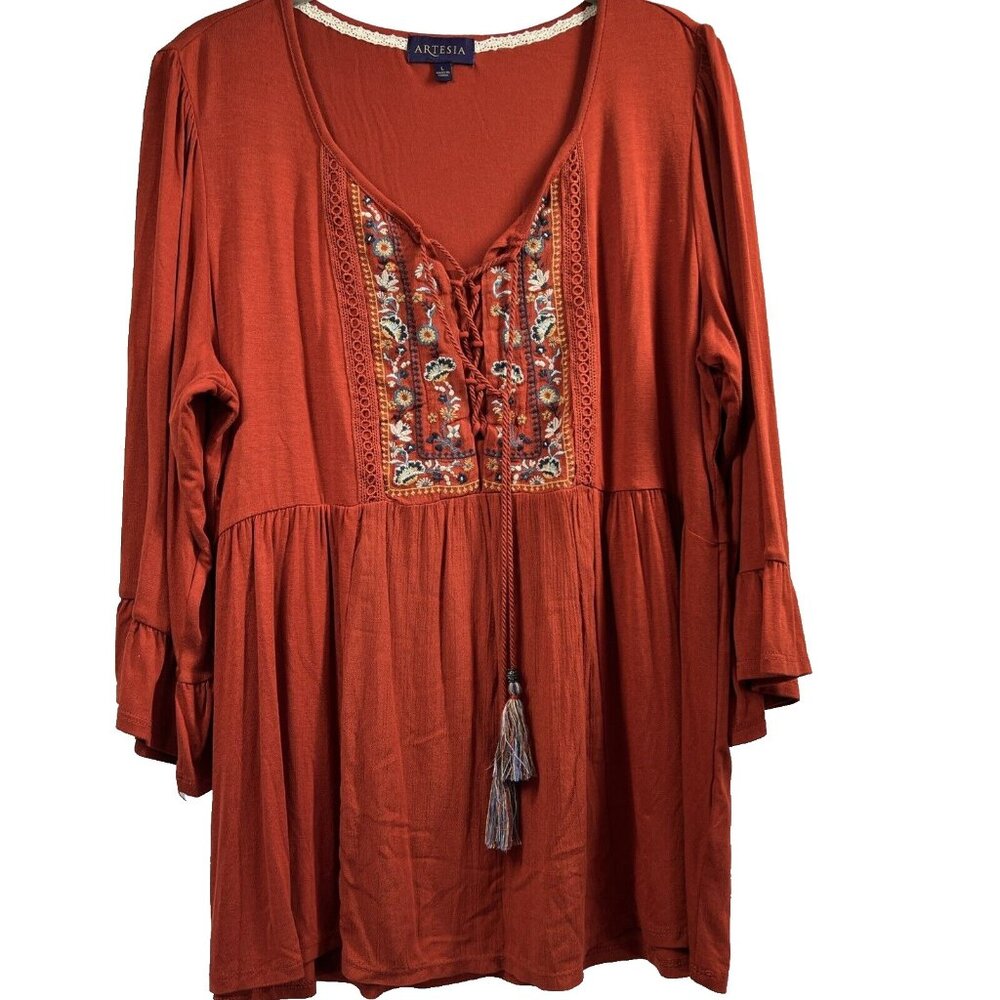 Artesia Women's Top Size L Bohemian Tasseled Embroidered Ruffle Sleeves Pullover